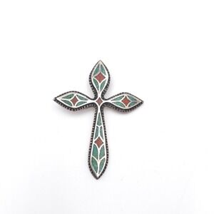 Vintage Native American Sterling‎ Silver Turquoise & Coral Inlay Cross Pendant